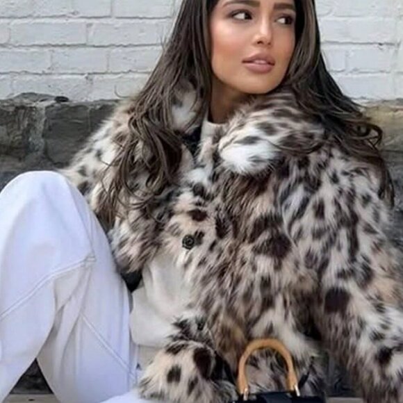 Brown Women's Elegant Leopard Print Faux fur  Side Pockets Coat - Picture 9 of 9